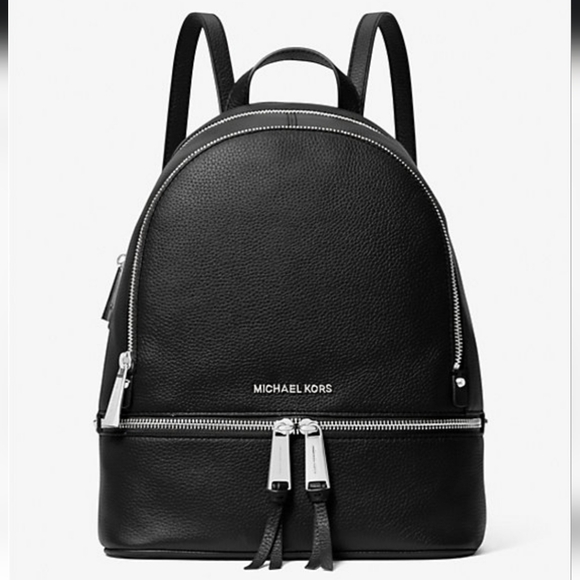 Michael Kors Black Leather Rhea Backpack Bag - Picture 1 of 13